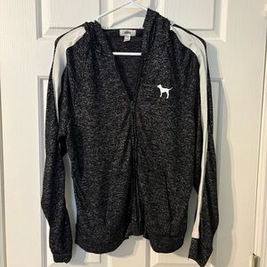 PINK Victoria's Secret Charcoal Zip-Up Hoodie Jacket with White Ribbon on Arms